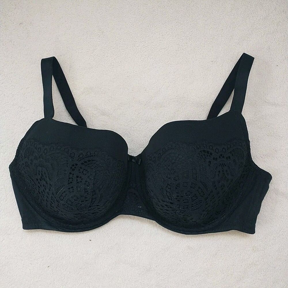Auden Balconette Coverage Lightly Lined Bra 44 DDD Black Underwire Lace Bow